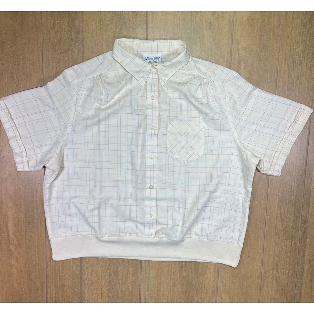 Maggie Sweet Vintage Plaid Button Down Shirtβ Banded Hem Cream Made in USA